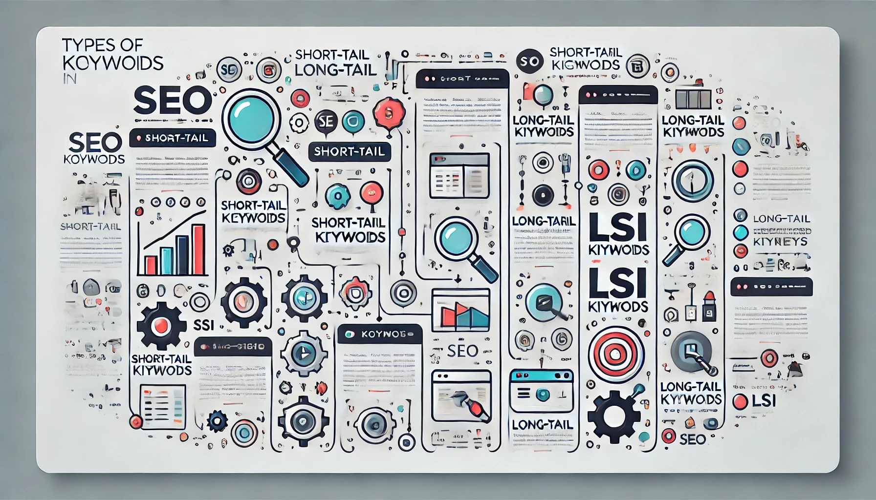 Types of keywords in SEO, including short-tail, long-tail, and LSI keywords, displayed in a horizontal layout