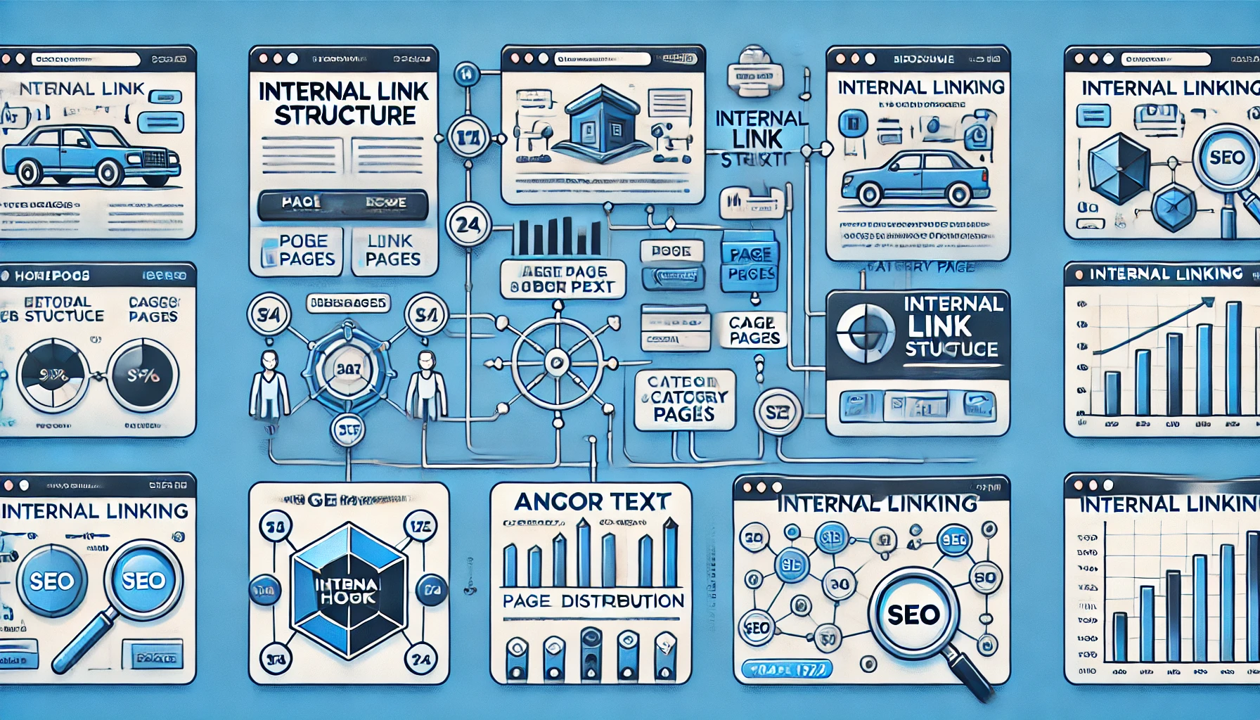 Horizontal diagram of a website’s internal link structure, connecting the homepage to subpages and categories for organized SEO navigation