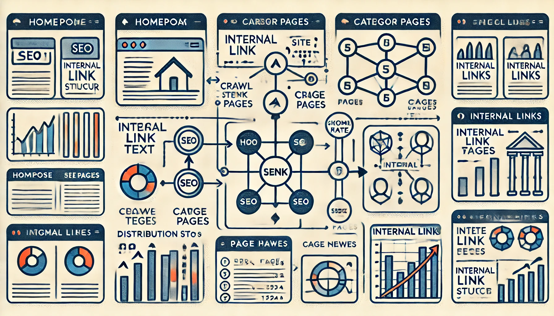 Horizontal diagram of a website's internal link structure, connecting the homepage with subpages and categories for organized SEO navigation