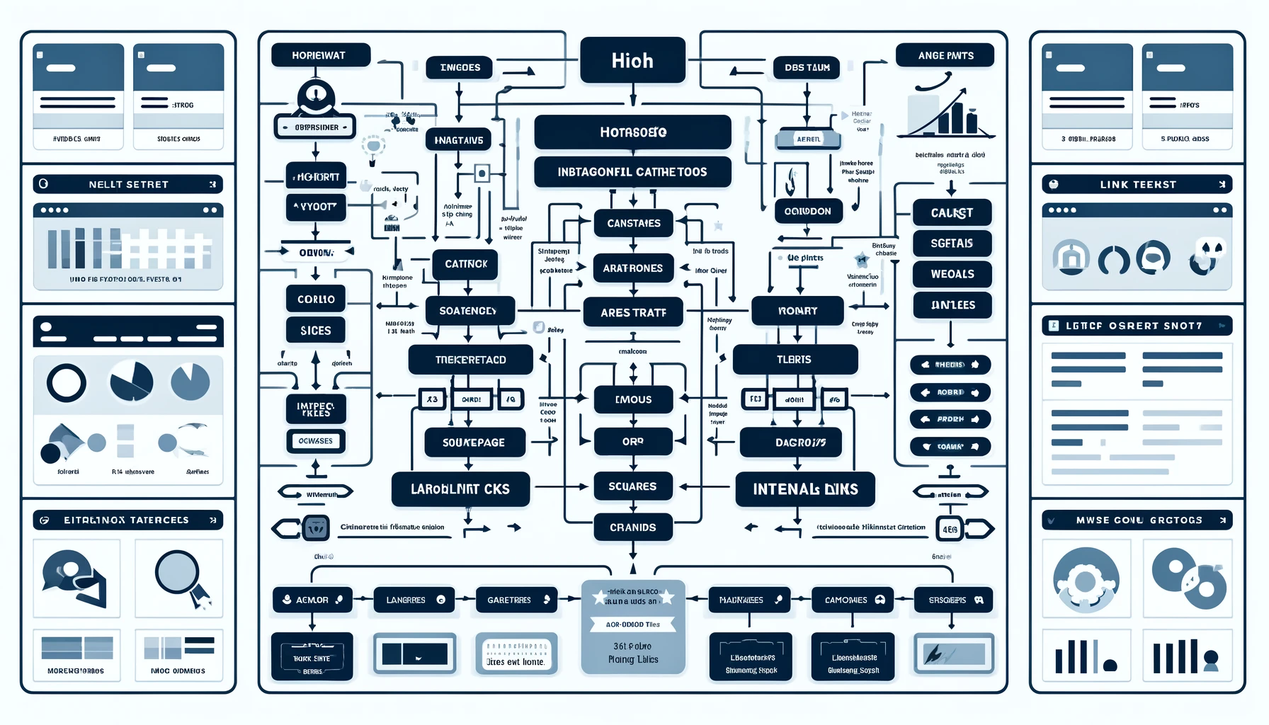 Diagram of a website's internal link structure showing links between homepage, subpages, and category pages